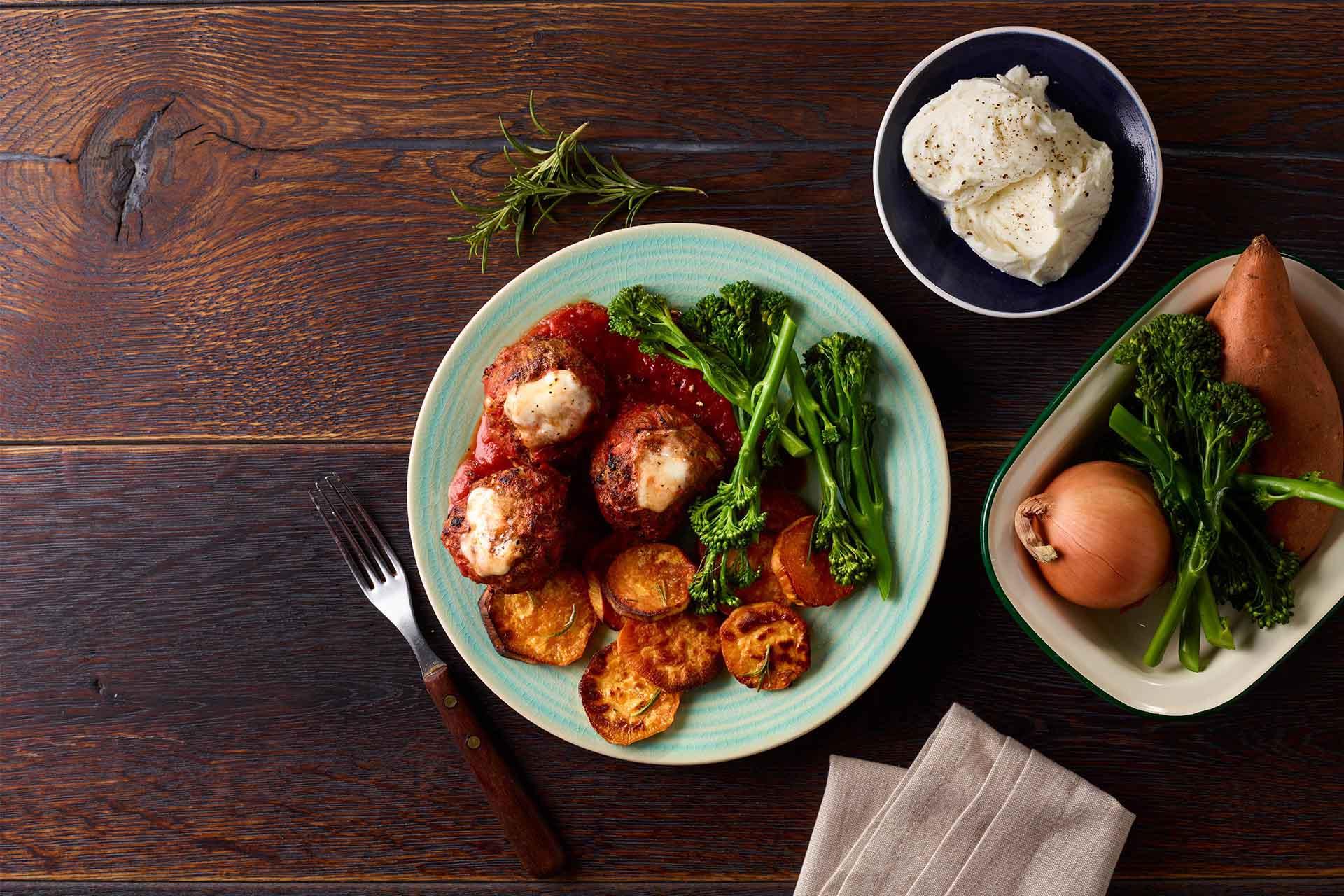 Beef and Mozzarella Meatballs in a tomato broth and sweet potato